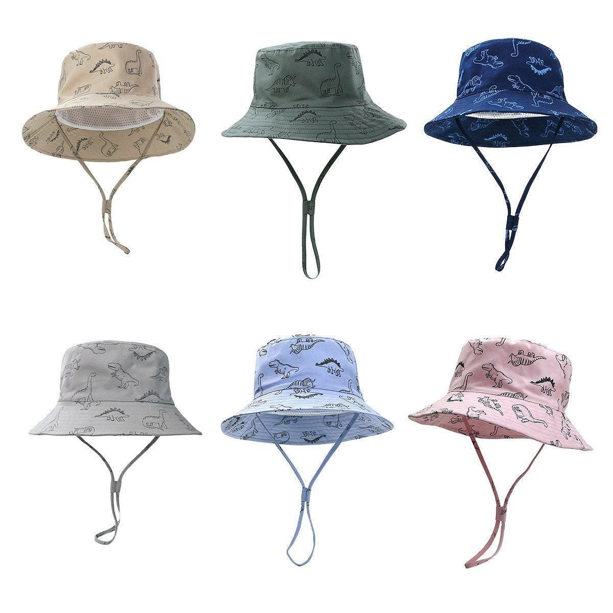 Cartoon Dinosaur Bucket Hat with Wide Brim for Summer Sun Protection - Grey