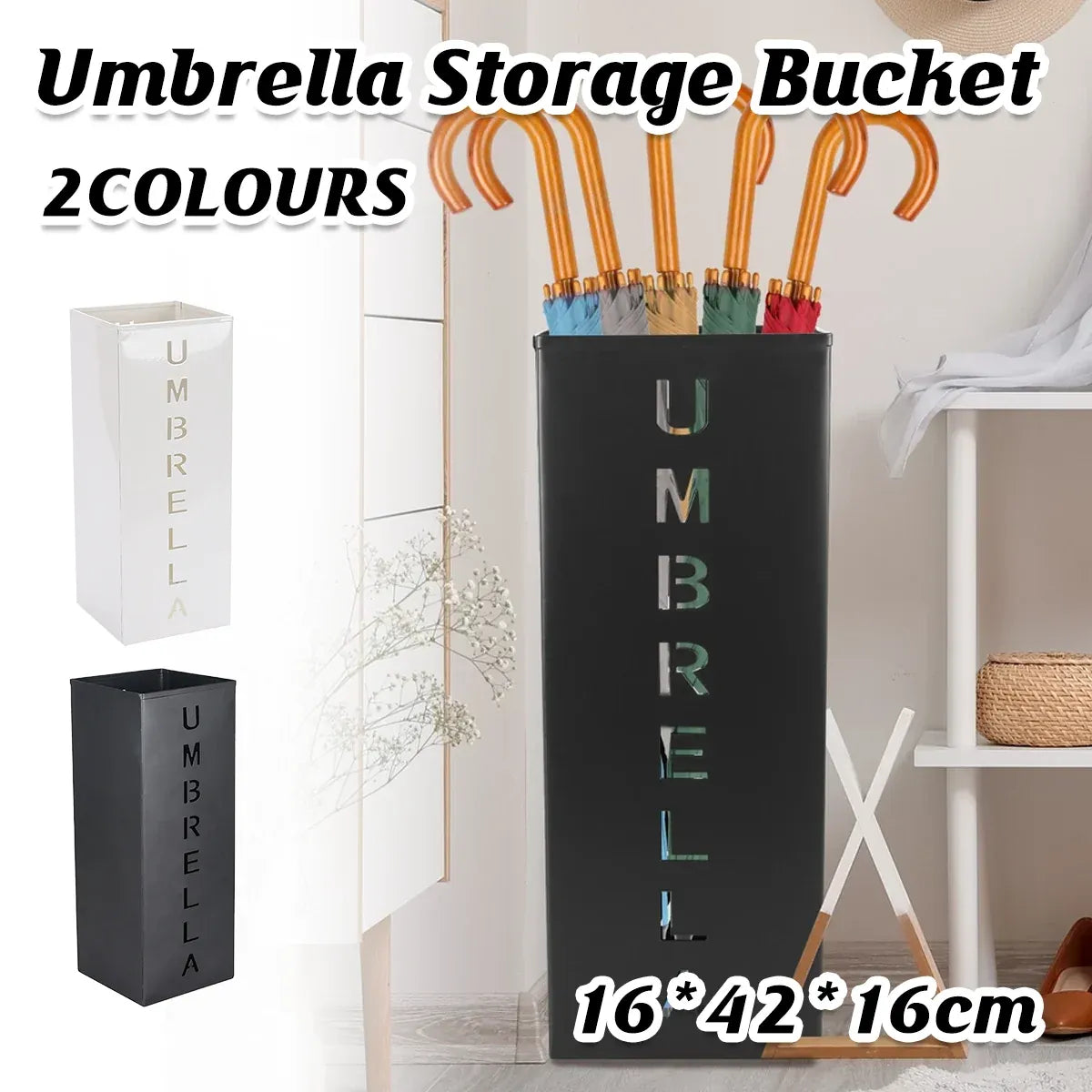 Umbrella Bucket Storage Cylinder Square Storing Umbrellas Home Office Organizer - White