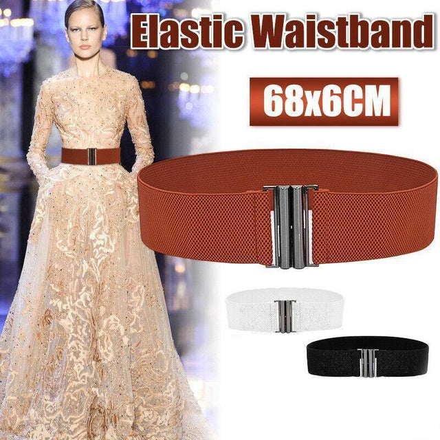 Women Elastic Waist Belt Stretch Cinch Wide Band with Metal Buckle for Dress 3Colours - White