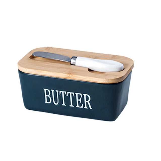 Butter Box w/Knife Rectangular Cheese Container w/Wooden Lid for Kitchen Blue