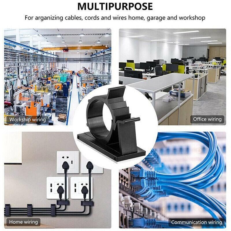 Adhesive Cord Management Cable Clips Black Wire Holder Organizer Clamp - 10PCS