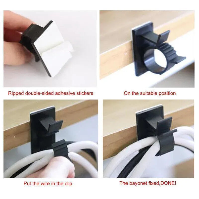 Adhesive Cord Management Cable Clips Black Wire Holder Organizer Clamp - 10PCS