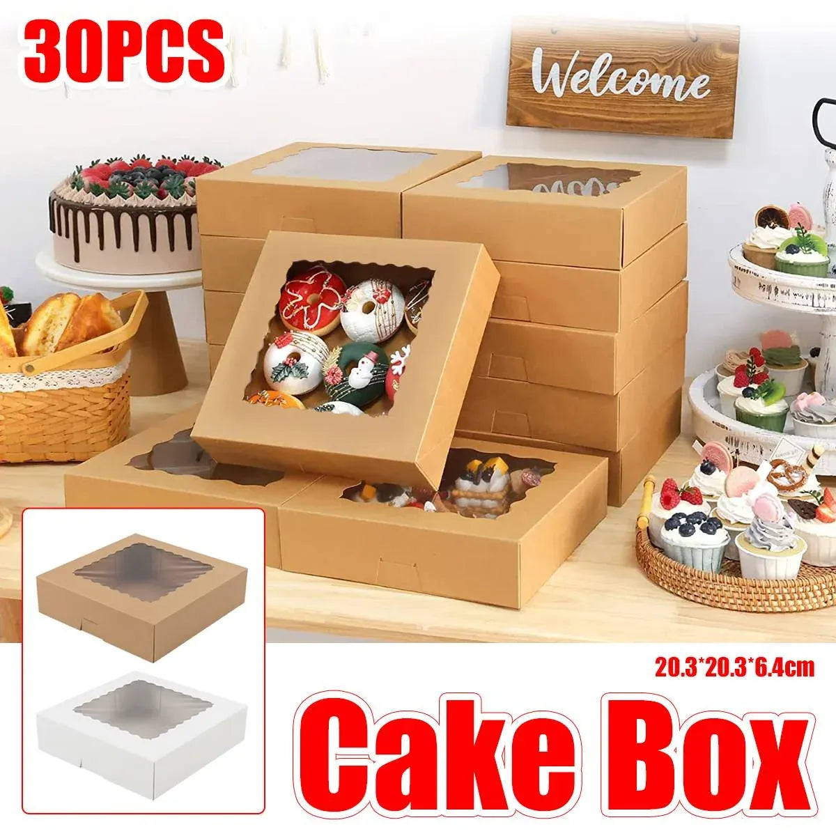 30Pcs Window Cupcake Dessert Packaging Box Kraft Bakery Treat Box Easy Assemble - Kraft