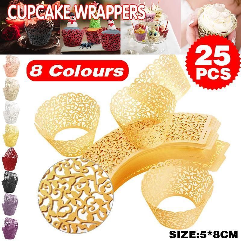 25pcs Laser Cut Cupcake Wrappers Wedding Party Baking Decorations in 8 Colours - Yellow