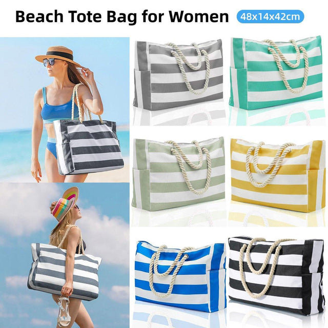 Large Bohemian Striped Canvas Beach Bag Zipper Tote Travel Outdoor - Black