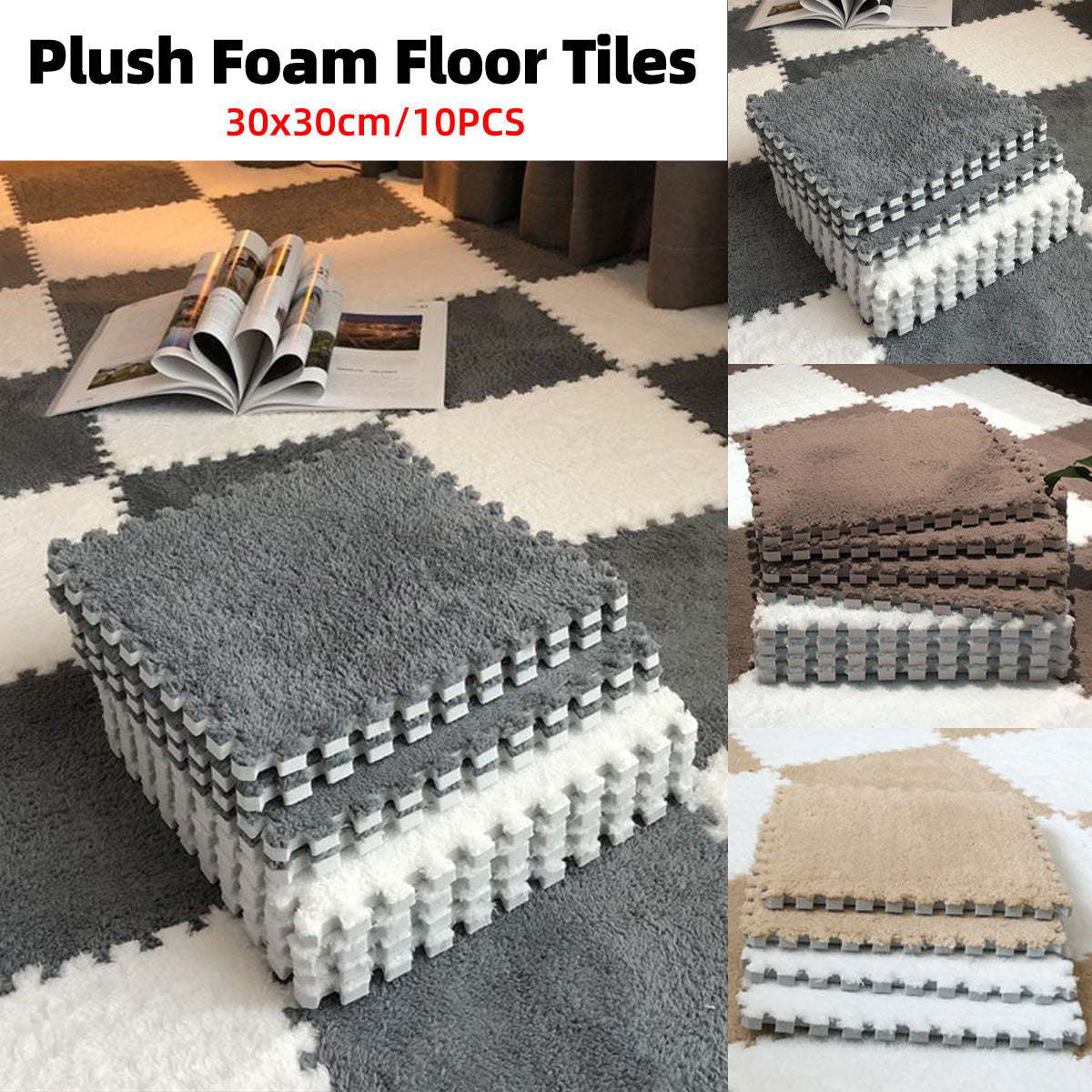 Foam Floor Mats Set 10PCS Shaggy Interlocking Tiles Soft for Kids Room Play Area - Camel-White
