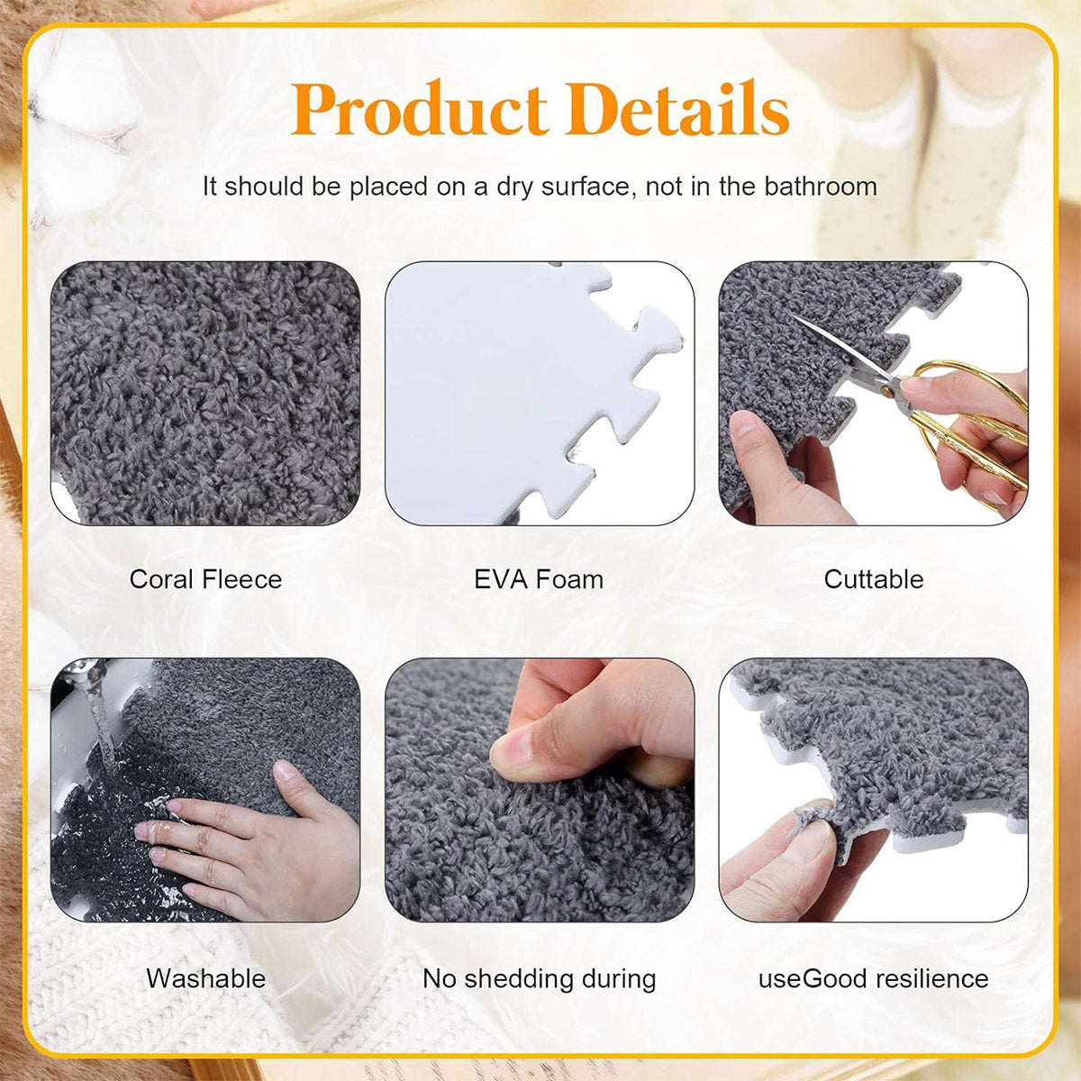 Foam Floor Mats Set 10PCS Shaggy Interlocking Tiles Soft for Kids Room Play Area - Camel-White