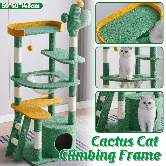 Cactus Shape Cat Tree Climbing Tower Scratching Board Nest for Kitten Play Rest