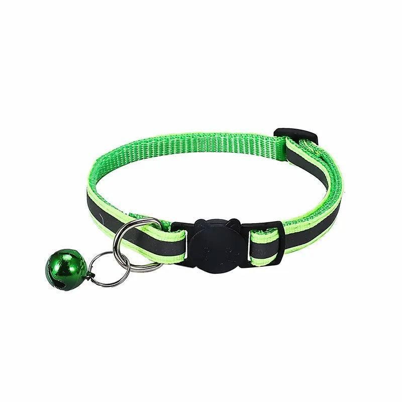 Reflective Cat Collar with Breakaway Buckle and Bell Adjustable for Small Pet Use - Shiny Green