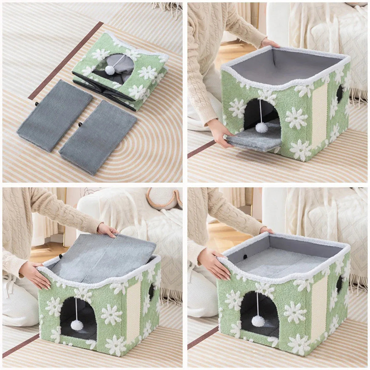 Cat Bed Foldable Double Layer Upper Lower Pet House Sleeping Nest Cushion - Green
