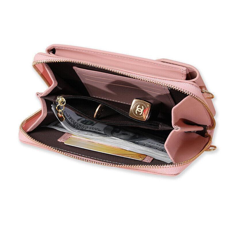 Women Pouch Bag Mobile Phone Bag Pu Leather Crossbody Purse Wallet Shoulder Bag - Pink