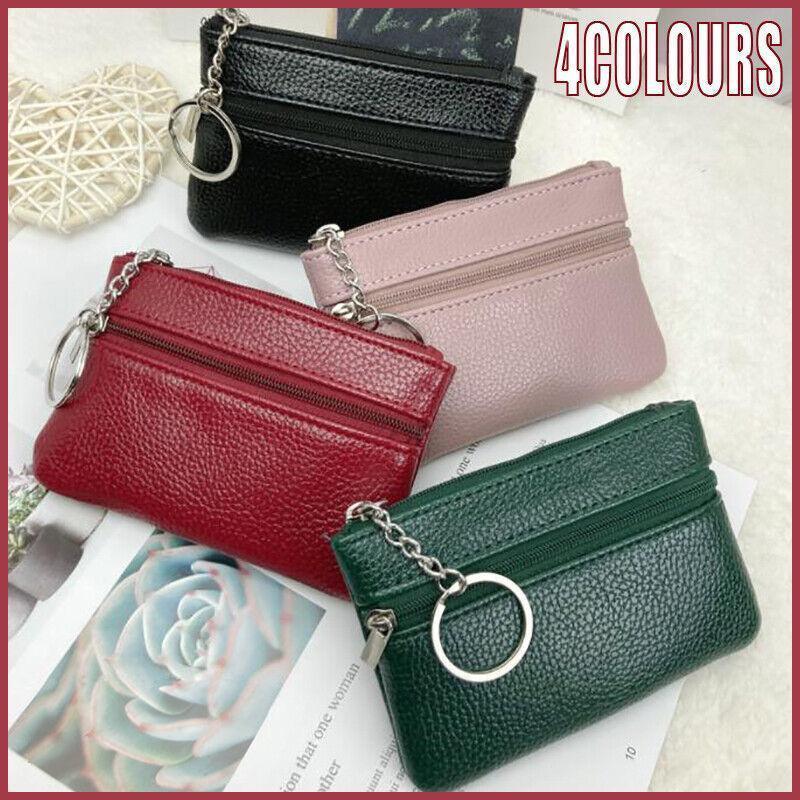 Coin Small Change Bag Card Wallet Pouch Zip Up Women Key Ring Leather Mini Purse - Black