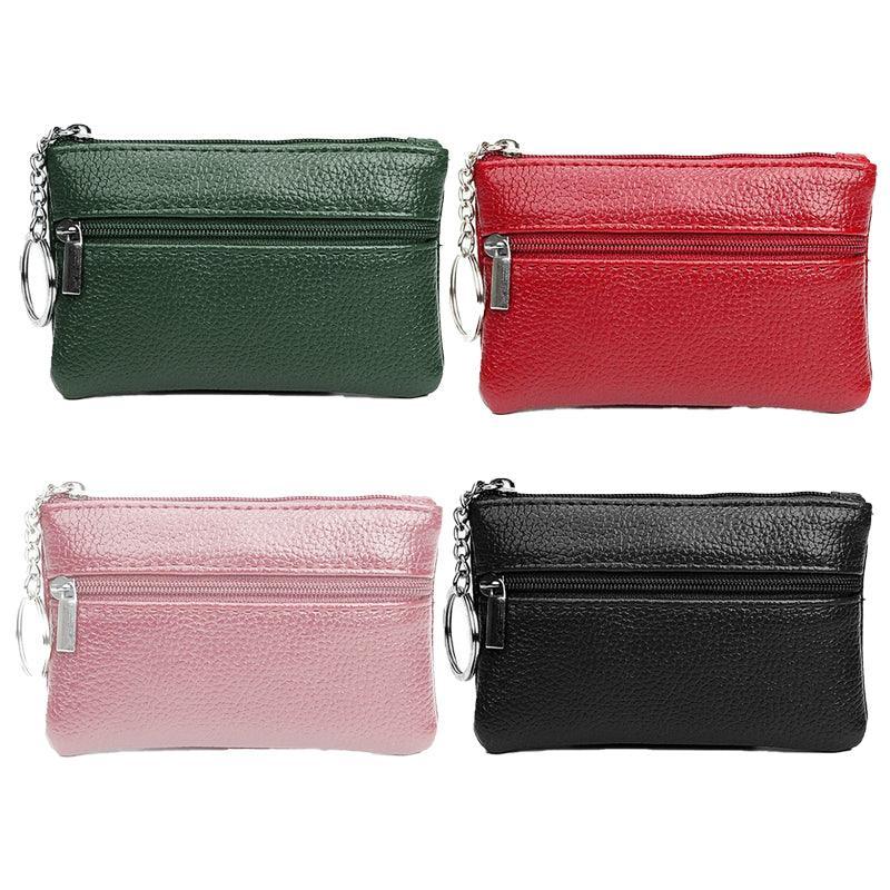 Coin Small Change Bag Card Wallet Pouch Zip Up Women Key Ring Leather Mini Purse - Black