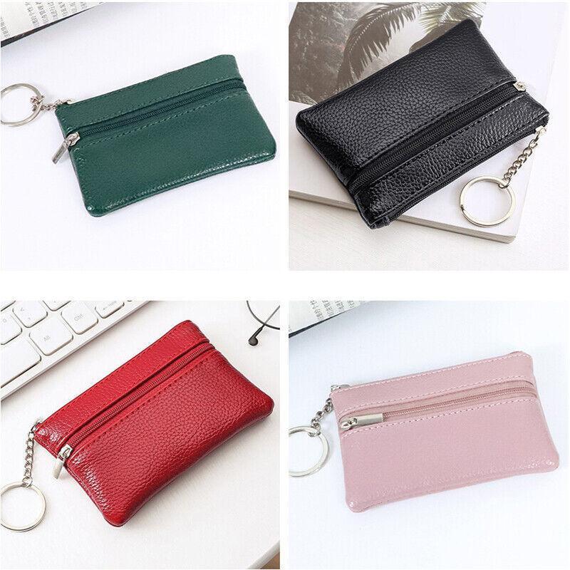 Coin Small Change Bag Card Wallet Pouch Zip Up Women Key Ring Leather Mini Purse - Black