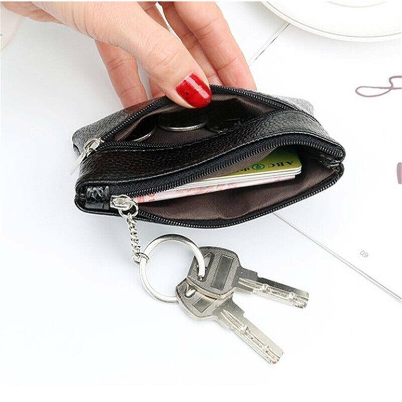 Coin Small Change Bag Card Wallet Pouch Zip Up Women Key Ring Leather Mini Purse - Black