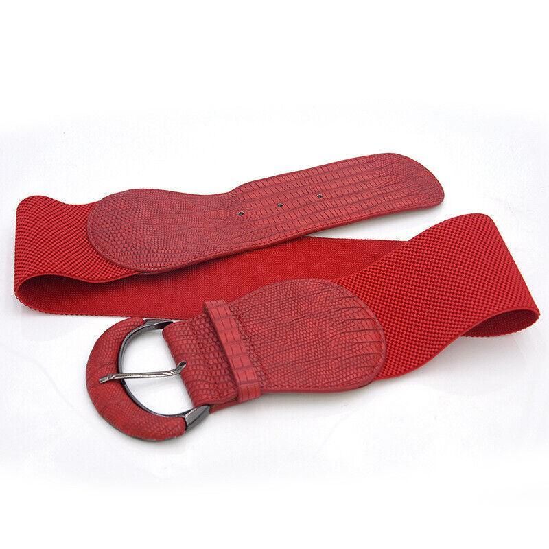 Faux Leather Cinch Waist Belt with Buckle for Women Stretch Wide Elastic Dress Belt - Red