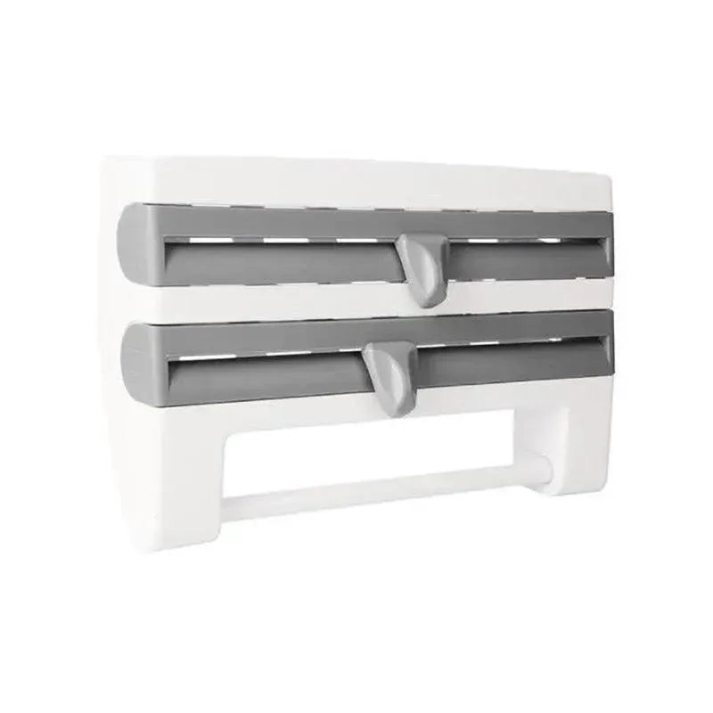 4In1 Wall Mount Kitchen Holder Foil Towel Roll Cling Wrap Rack Dispenser Cutter - Grey