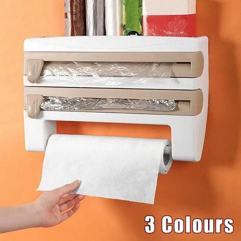 4In1 Wall Mount Kitchen Holder Foil Towel Roll Cling Wrap Rack Dispenser Cutter - Grey