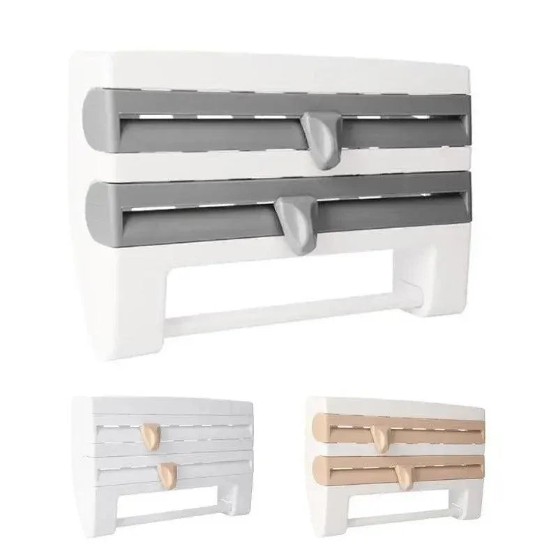 4In1 Wall Mount Kitchen Holder Foil Towel Roll Cling Wrap Rack Dispenser Cutter - Grey