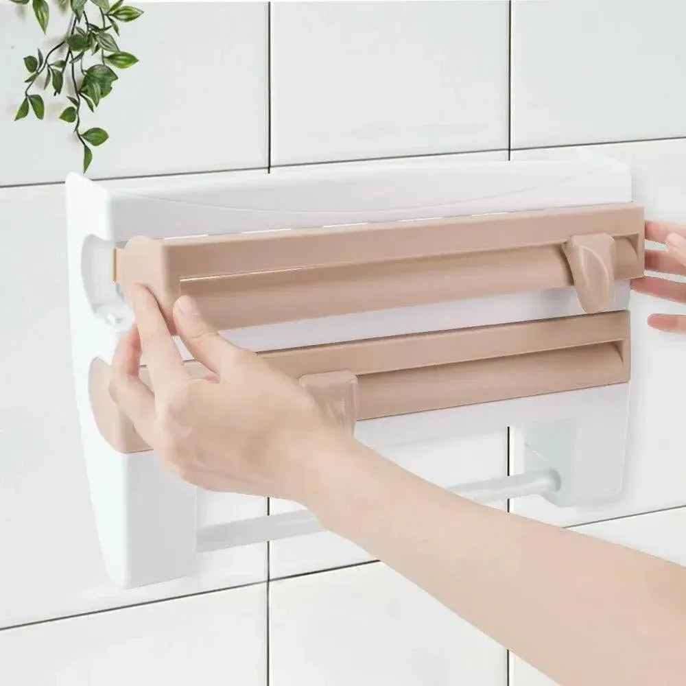 4In1 Wall Mount Kitchen Holder Foil Towel Roll Cling Wrap Rack Dispenser Cutter - Grey