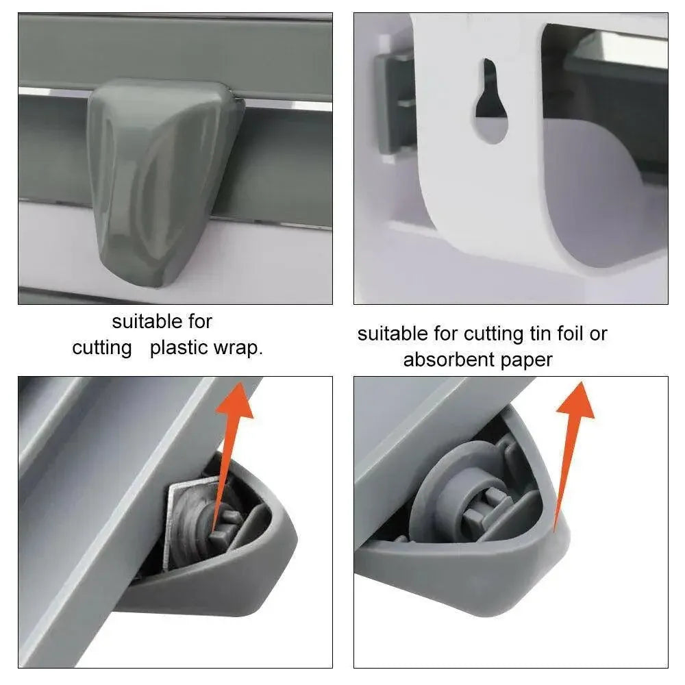 4In1 Wall Mount Kitchen Holder Foil Towel Roll Cling Wrap Rack Dispenser Cutter - Grey