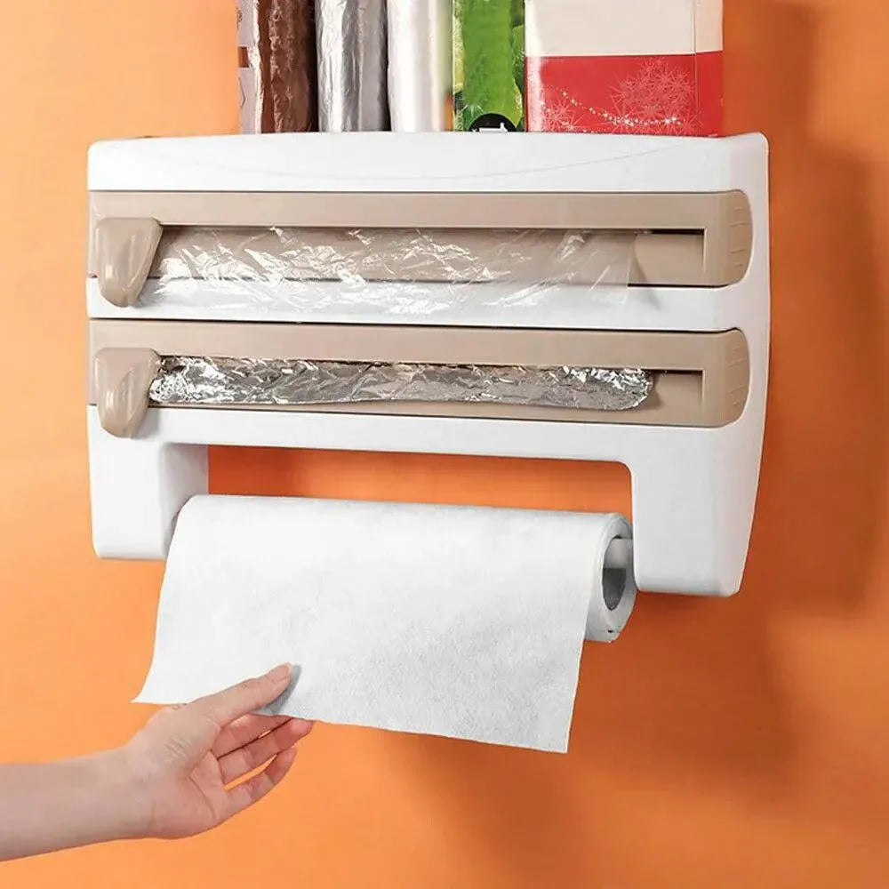 4In1 Wall Mount Kitchen Holder Foil Towel Roll Cling Wrap Rack Dispenser Cutter - Grey