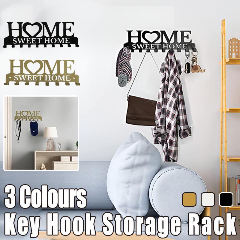 Retro Metal Iron Wall Hanging Mounted 10 Key Hooks Storage Holder Hook Rack - Black