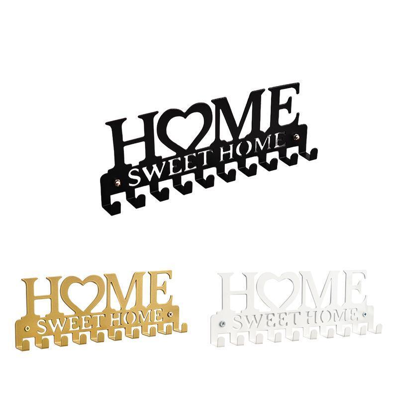 Retro Metal Iron Wall Hanging Mounted 10 Key Hooks Storage Holder Hook Rack - Black