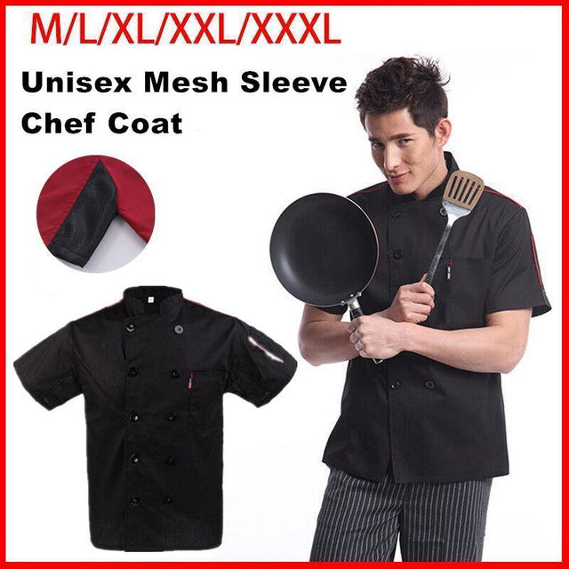 Black Unisex Mesh Sleeve Chef Coat Jacket Restaurant Hotel Cook Short Uniform XL