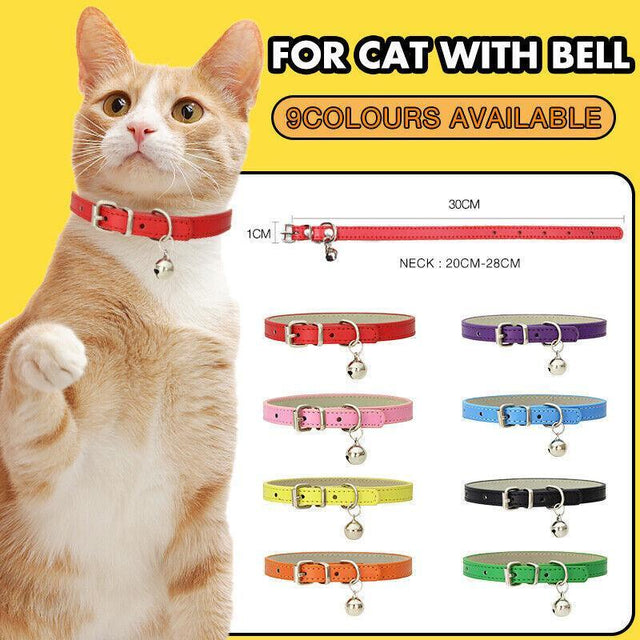 Adjustable PU Leather Cat Collar with Bell Breakaway Buckle 9 Colours - Brown