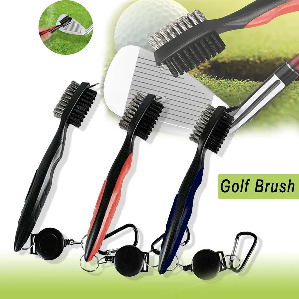 Golf Cleaning Brush Retractable Stock Color Groove Cleaner With Reel Club Ball - Black