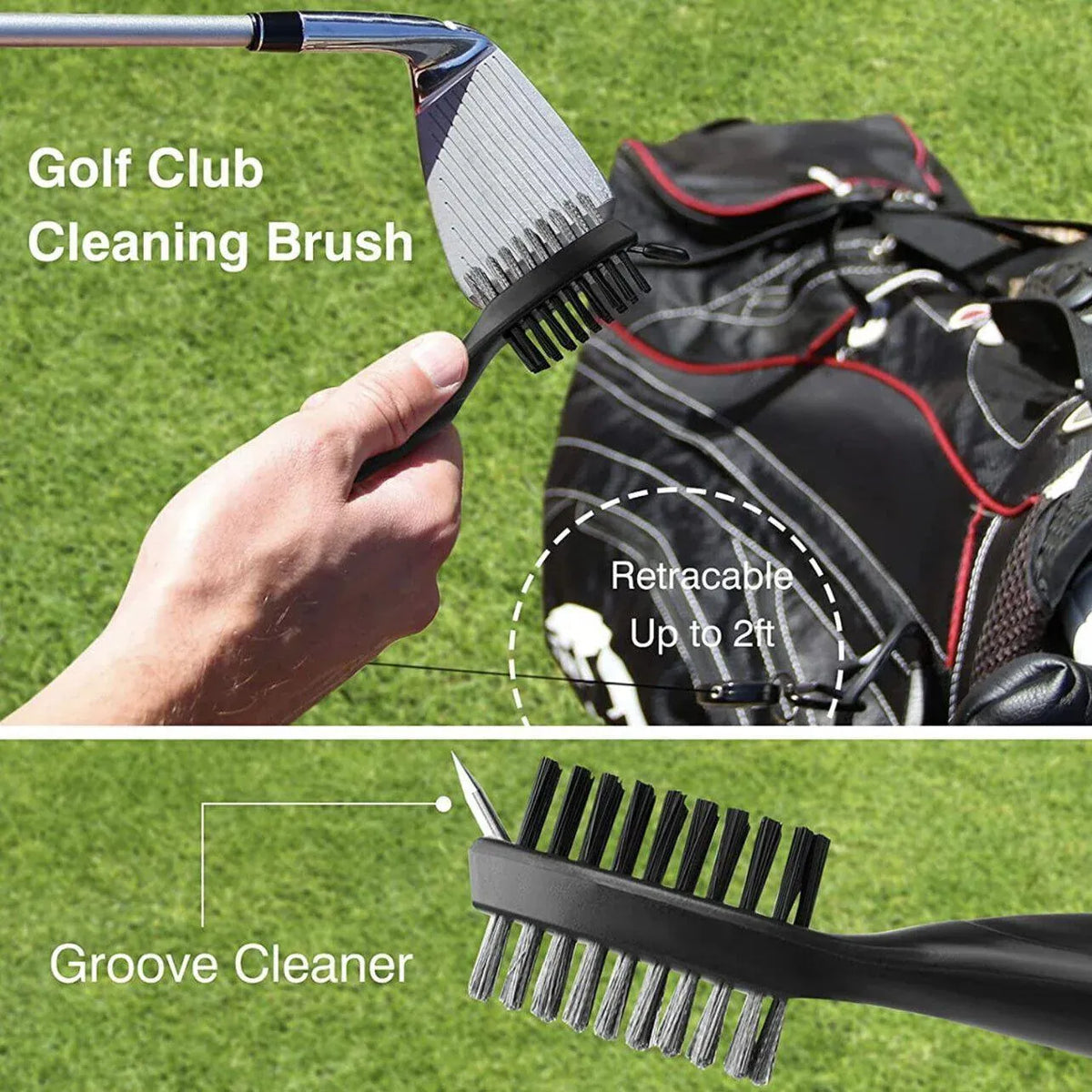 Golf Cleaning Brush Retractable Stock Color Groove Cleaner With Reel Club Ball - Black