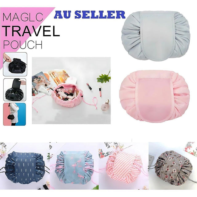 Portable Travel Makeup Bag Drawstring Cosmetic Pouch Lazy Storage Organiser Case - Blue Flamingo