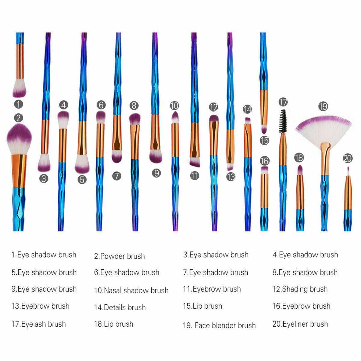 20 Pcs Eye Make-Up Brushes Diamond Unicorn Eyeshadow Eyebrow Blending Brush Set - Green and Pink