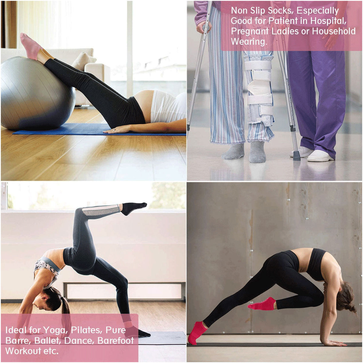 3 Pairs Ladies Women Sports Cotton Rich Pilates Yoga Non-Slip Grip Socks - Pink