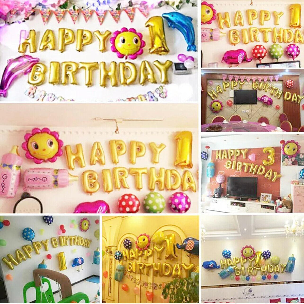 40Cm 3D Happy Birthday Letters Balloons Inflating Foil Banner Bunting Celebrate - Pink