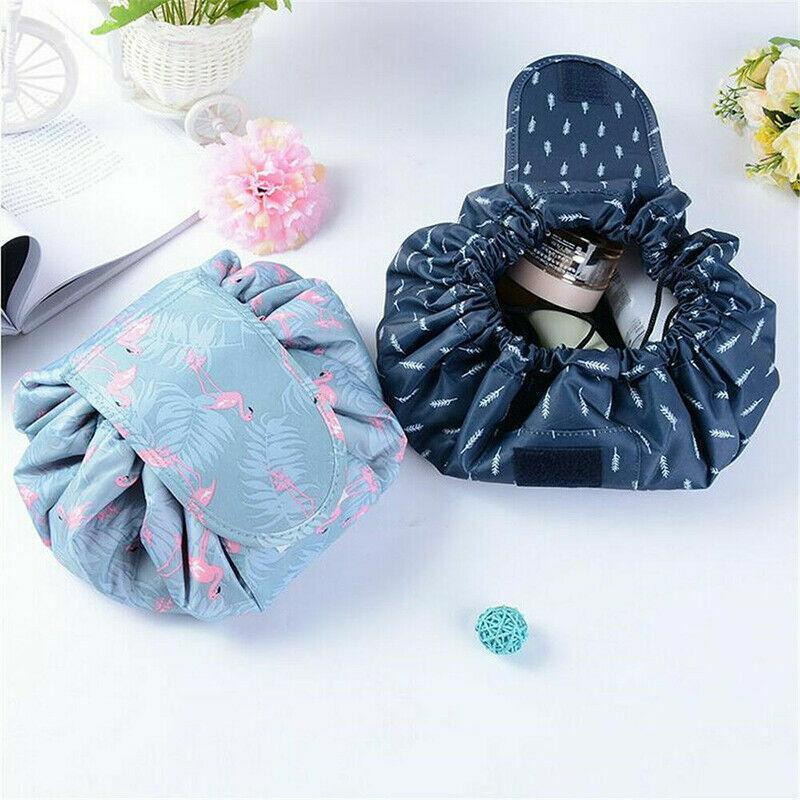 Portable Travel Makeup Bag Drawstring Cosmetic Pouch Lazy Storage Organiser Case - Pink White Strip
