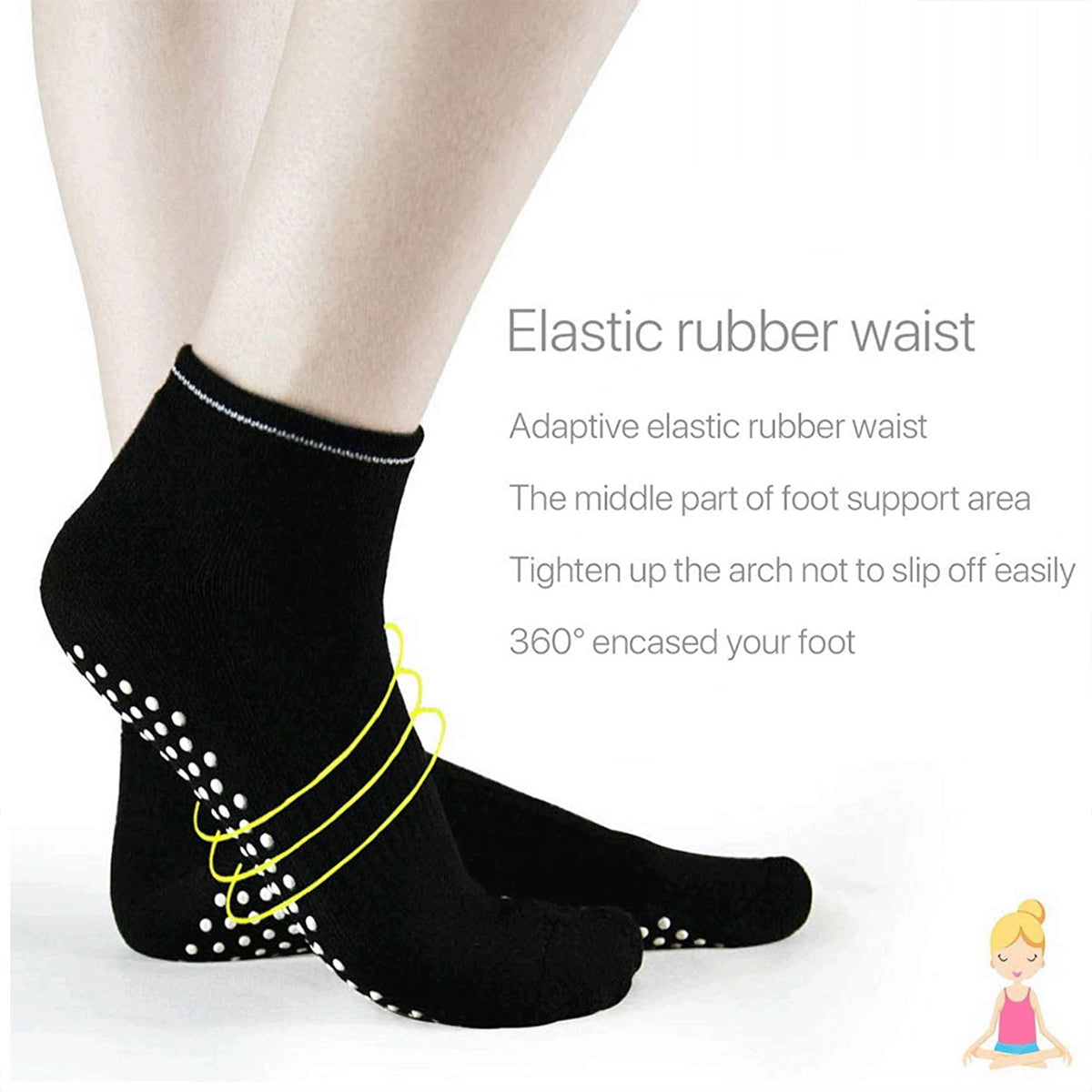 3 Pairs Ladies Women Sports Cotton Rich Pilates Yoga Non-Slip Grip Socks - Yellow