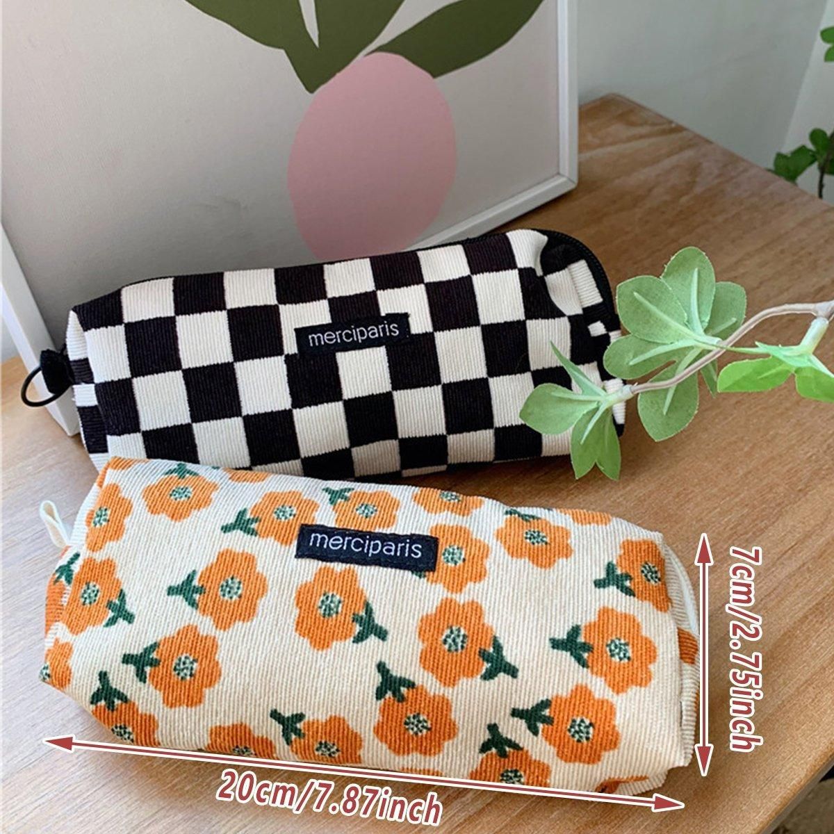 Large Capacity Pencil Case Organiser Bag Stationery Holder School Travel Pouch - Light Brown Plaid