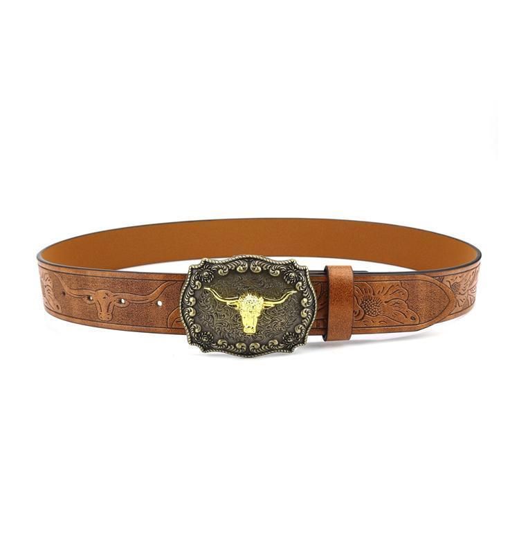 Retro Punk Belt with Cow Head Large Plate Buckle Trendy Western Waist Strap - 110cm