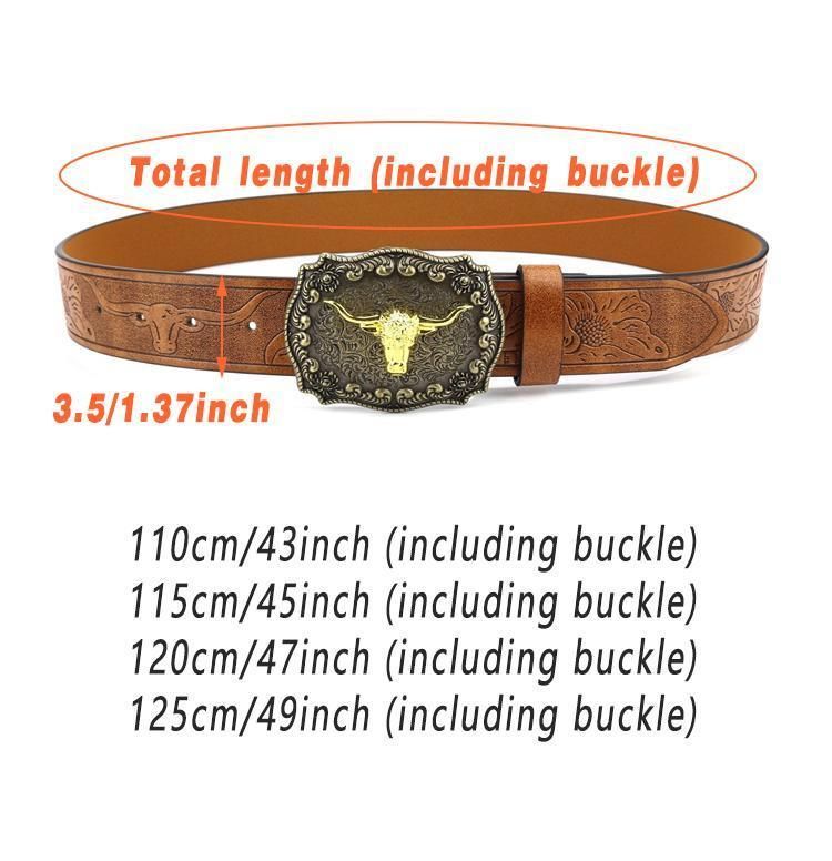 Retro Punk Belt with Cow Head Large Plate Buckle Trendy Western Waist Strap - 110cm