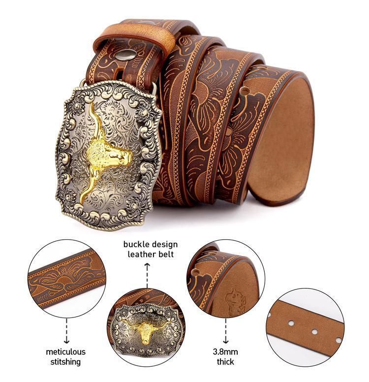 Retro Punk Belt with Cow Head Large Plate Buckle Trendy Western Waist Strap - 110cm
