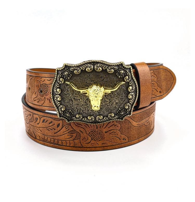 Retro Punk Belt with Cow Head Large Plate Buckle Trendy Western Waist Strap - 110cm