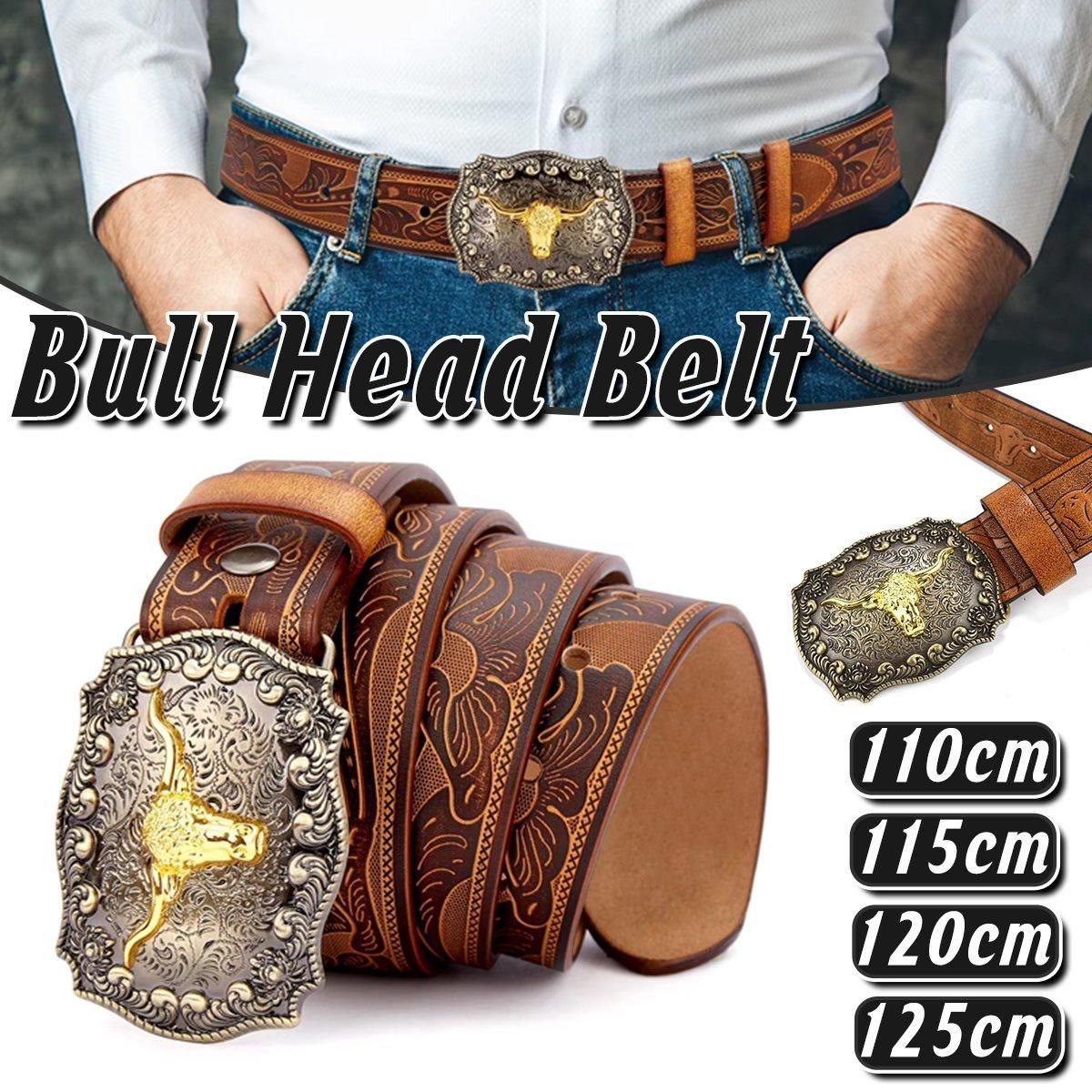 Retro Punk Belt with Cow Head Large Plate Buckle Trendy Western Waist Strap - 125cm