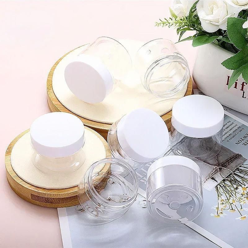 10pcs Transparent Wide Mouth Cream Dispenser White Lid Bottle Plastic Jar - 80ml