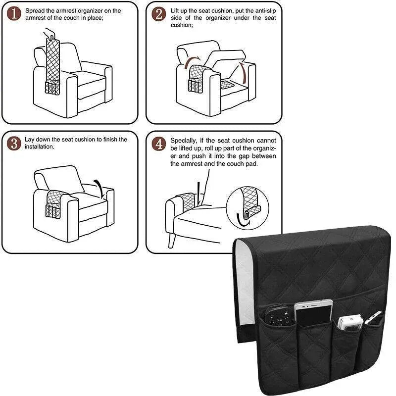 5 Pockets Couch Organizer Remote Storage Holder Sofa Chair Arm Control Rest Bag - Black