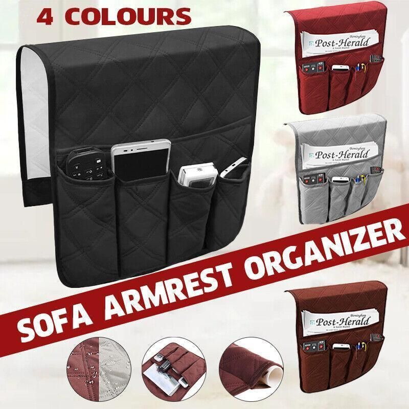 5 Pockets Couch Organizer Remote Storage Holder Sofa Chair Arm Control Rest Bag - Grey