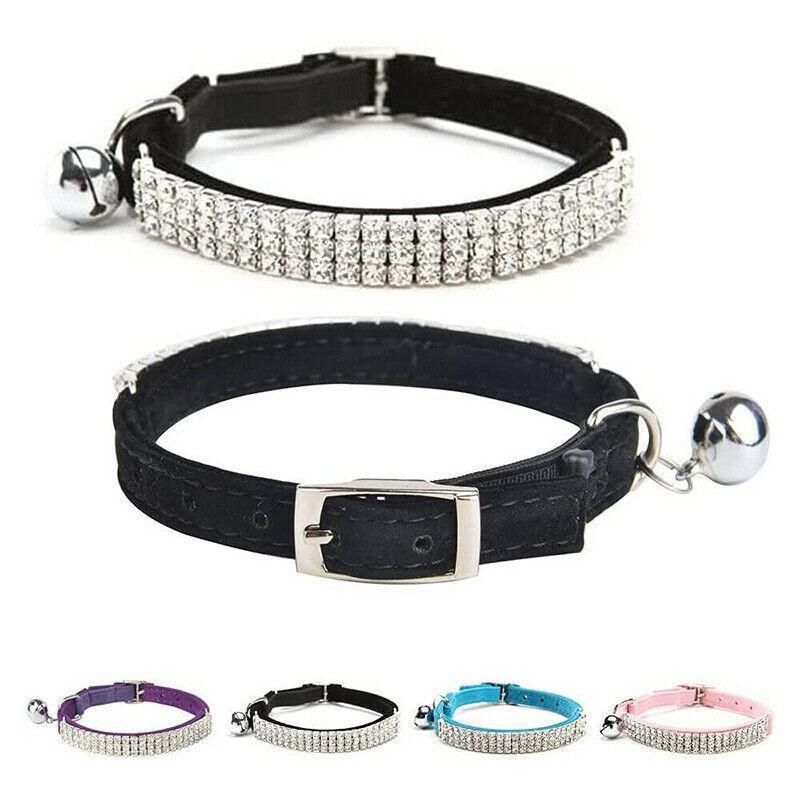 Suede Adjustable Pet Collar with Rhinestone for Cat Puppy 5 Colours Quick Release - Black