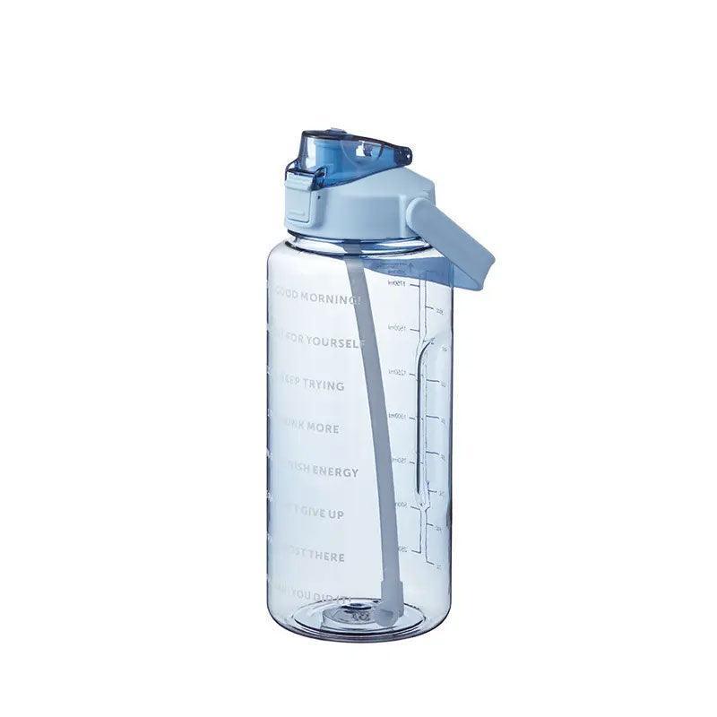 2L Water Bottle Straw Cup Motivational Drink Flask With Time Markings Sports Gym - Black