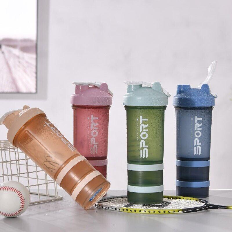 Powder Milkshake Drink Cup Sport Water Bottle 500Ml 3 Tier Protein Shaker Pill - Pink